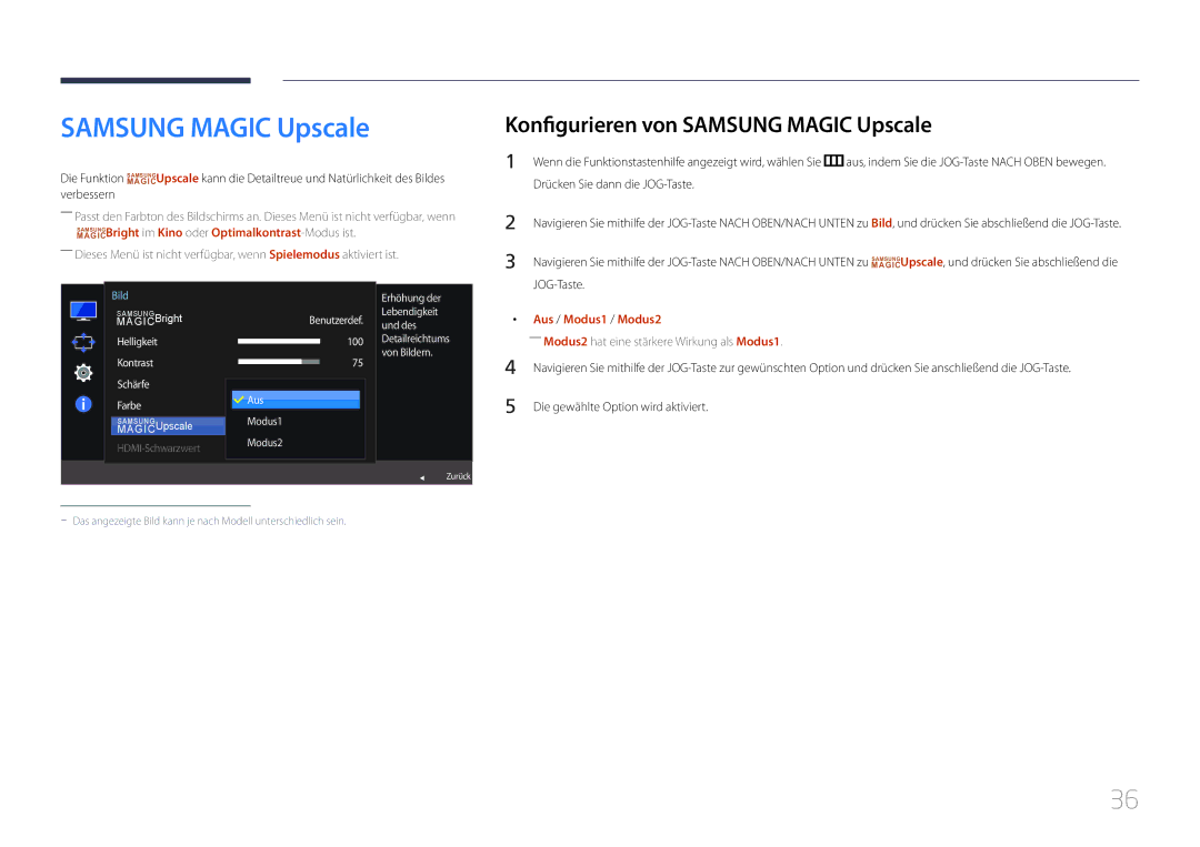 Samsung LS24E510CS/EN manual Konfigurieren von Samsung Magic Upscale, JOG-Taste, Aus / Modus1 / Modus2 