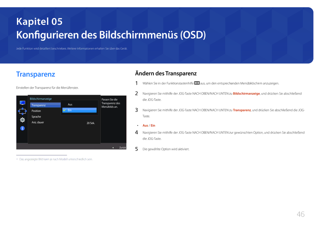 Samsung LS24E510CS/EN manual Konfigurieren des Bildschirmmenüs OSD, Ändern des Transparenz, Aus / Ein 