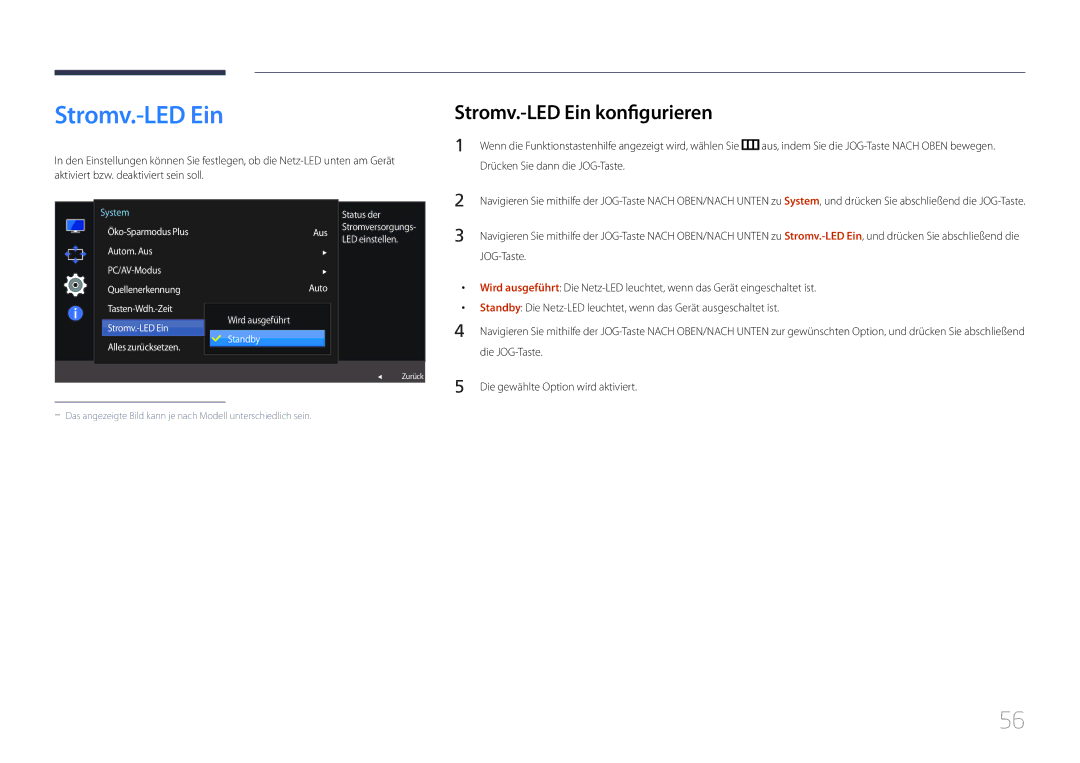 Samsung LS24E510CS/EN manual Stromv.-LED Ein konfigurieren, Aus Auto Wird ausgeführt Standby 