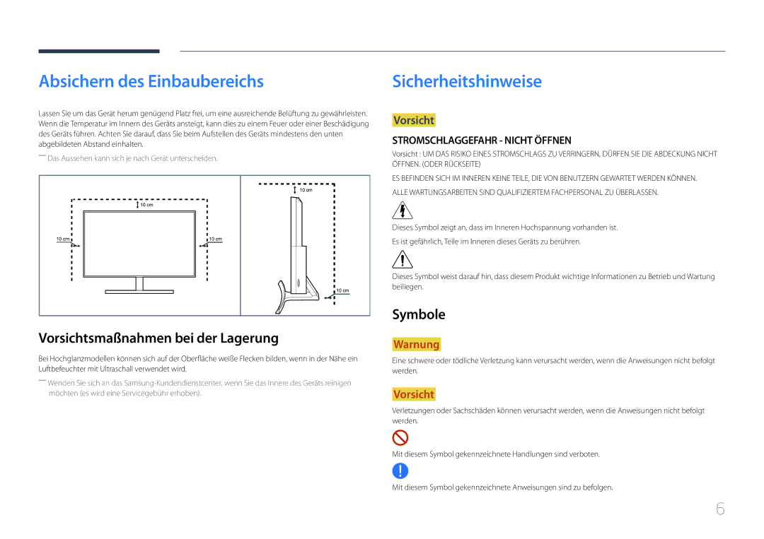 Samsung LS24E510CS/EN Absichern des Einbaubereichs, Sicherheitshinweise, Vorsichtsmaßnahmen bei der Lagerung, Symbole 