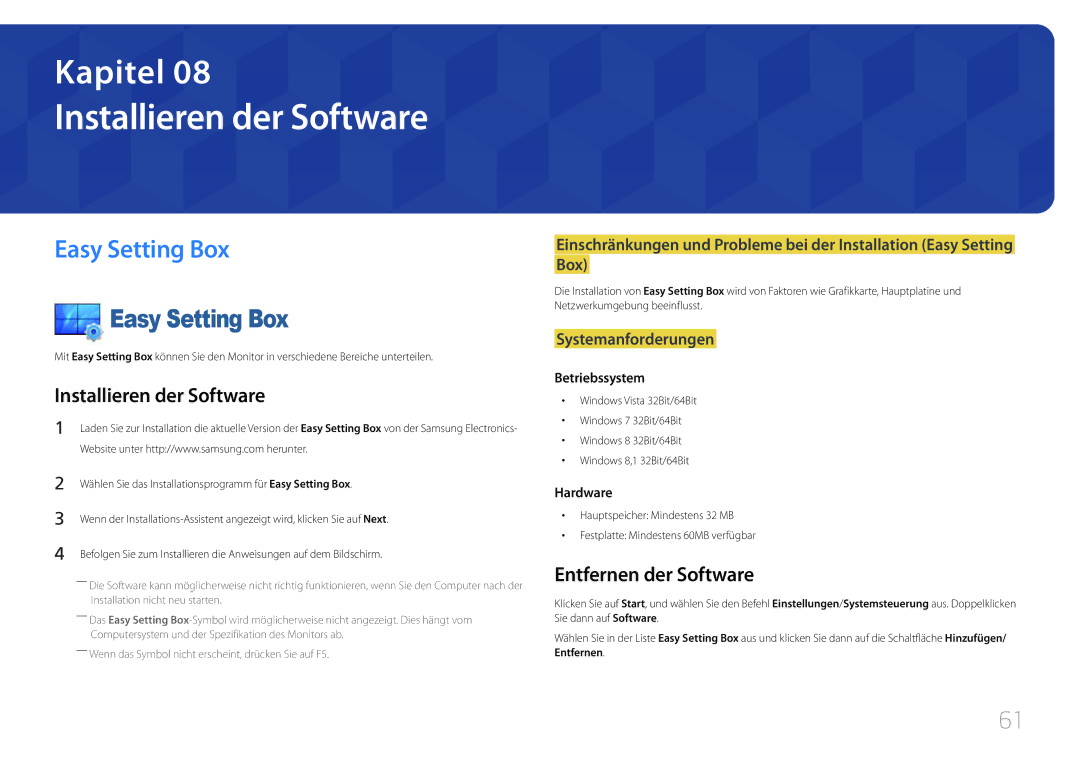 Samsung LS24E510CS/EN manual Installieren der Software, Easy Setting Box, Entfernen der Software 