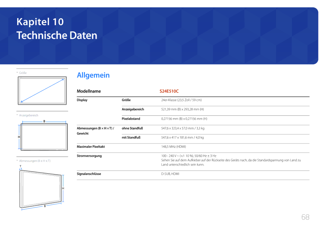 Samsung LS24E510CS/EN manual Technische Daten, Allgemein, Land unterschiedlich sein kann, Signalanschlüsse 