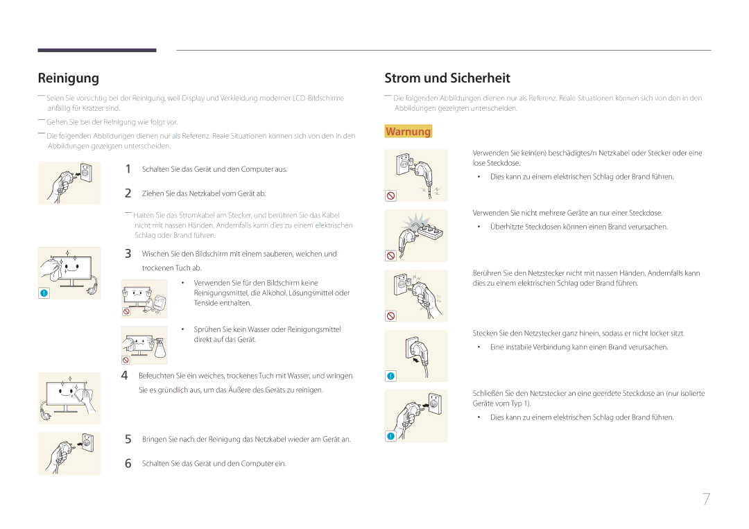 Samsung LS24E510CS/EN manual Reinigung, Strom und Sicherheit 