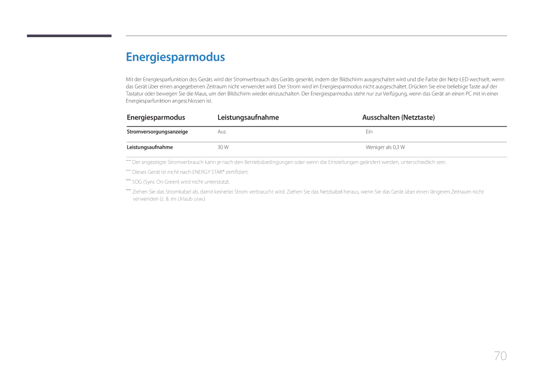 Samsung LS24E510CS/EN manual Energiesparmodus Leistungsaufnahme Ausschalten Netztaste, Stromversorgungsanzeige 