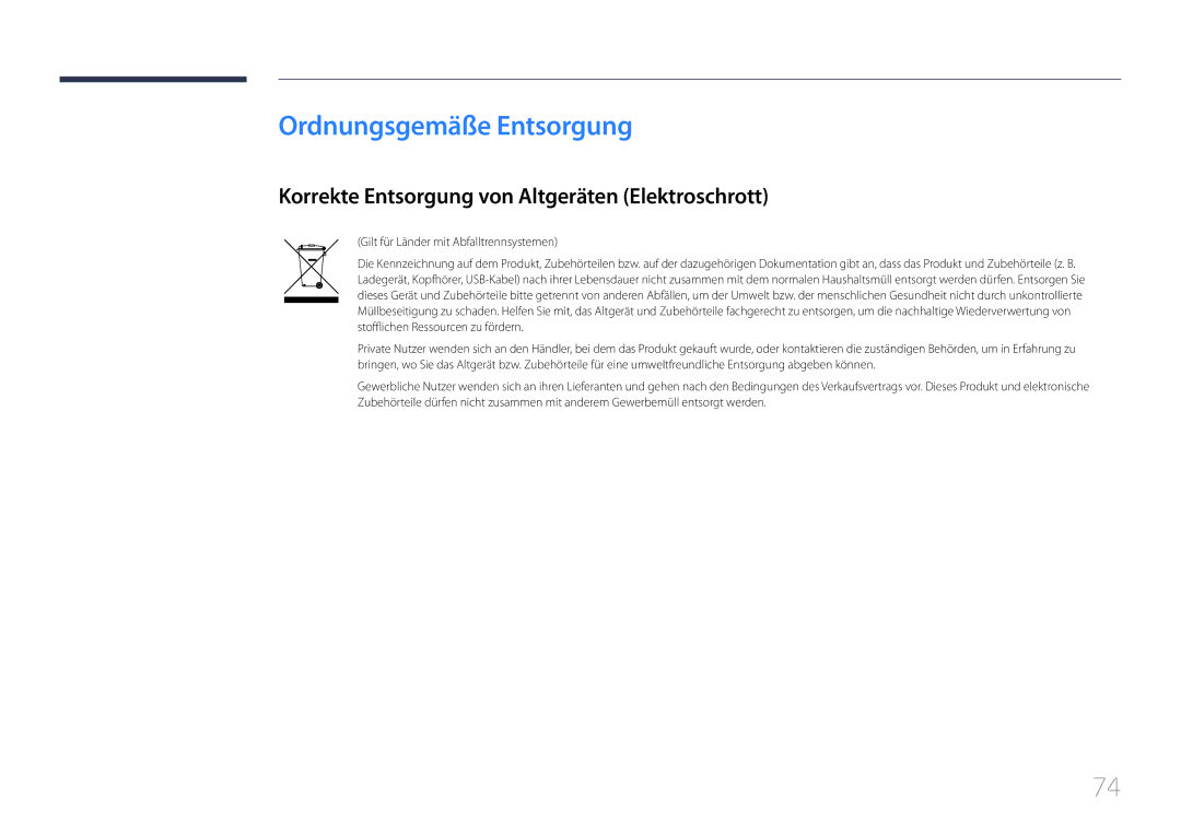 Samsung LS24E510CS/EN manual Ordnungsgemäße Entsorgung, Korrekte Entsorgung von Altgeräten Elektroschrott 