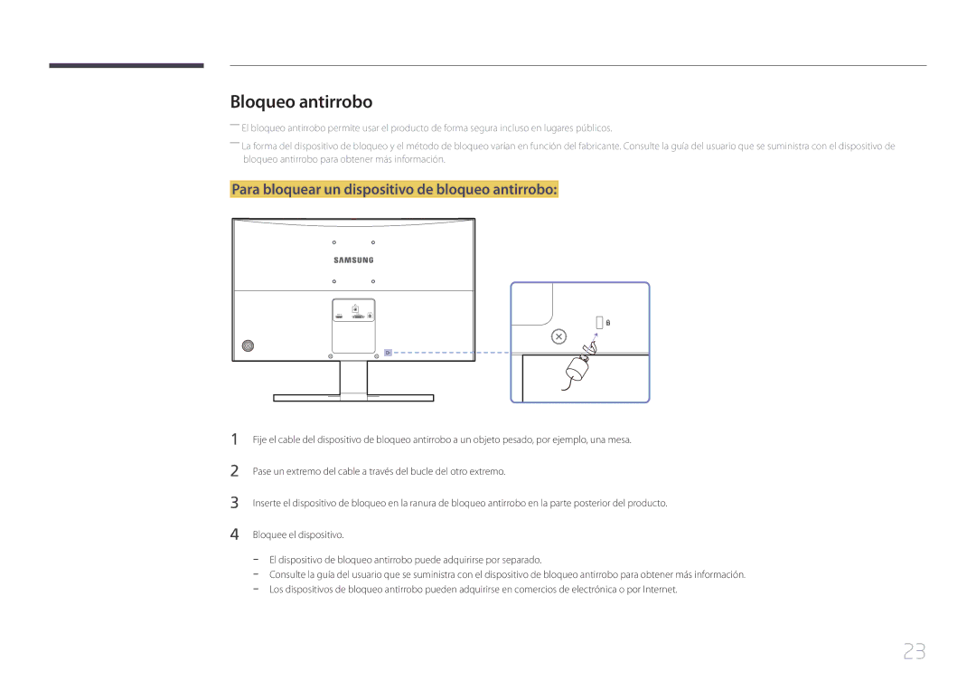 Samsung LS24E510CS/EN manual Bloqueo antirrobo, Para bloquear un dispositivo de bloqueo antirrobo 