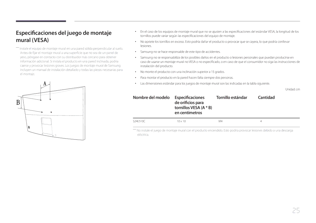 Samsung LS24E510CS/EN manual Especificaciones del juego de montaje mural Vesa, En centímetros 