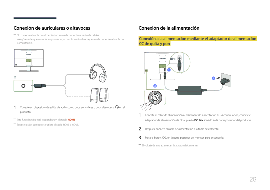 Samsung LS24E510CS/EN manual Conexión de auriculares o altavoces, Conexión de la alimentación, Producto 