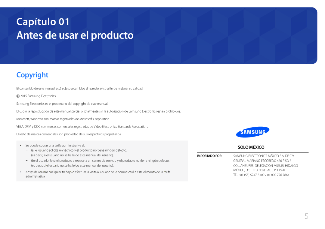 Samsung LS24E510CS/EN manual Antes de usar el producto, Copyright, TEL 01 55 5747-5100 / 01 800 726, Administrativa 