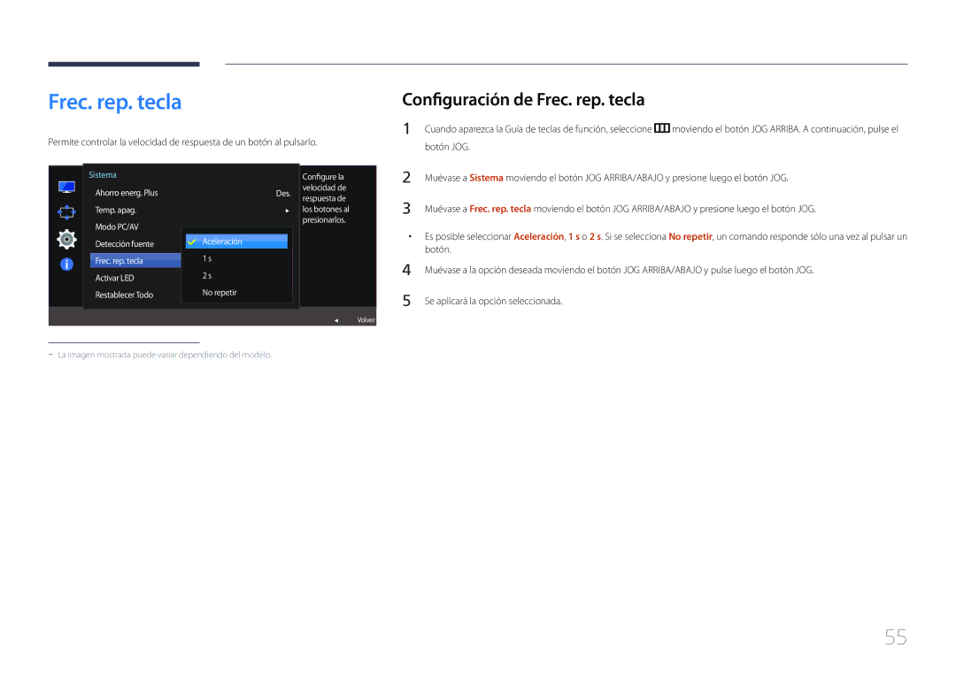 Samsung LS24E510CS/EN manual Configuración de Frec. rep. tecla, Botón, Des Aceleración, 수동2 s No repetir 