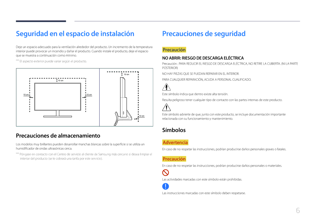 Samsung LS24E510CS/EN Seguridad en el espacio de instalación, Precauciones de seguridad, Precauciones de almacenamiento 