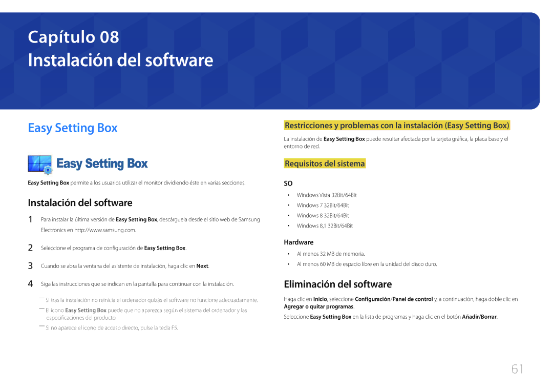 Samsung LS24E510CS/EN manual Instalación del software, Easy Setting Box, Eliminación del software 