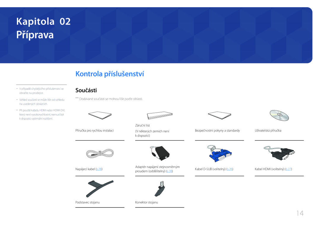 Samsung LS24E510CS/EN manual Příprava, Kontrola příslušenství, Součásti, Uživatelská příručka 