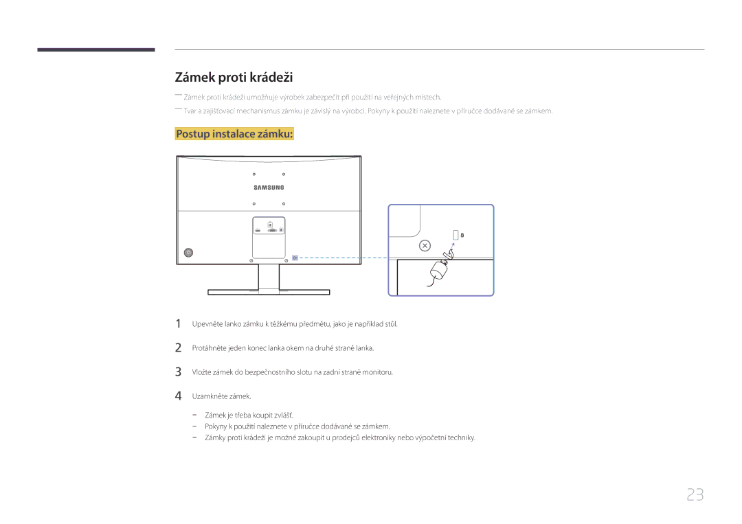 Samsung LS24E510CS/EN manual Zámek proti krádeži, Postup instalace zámku 