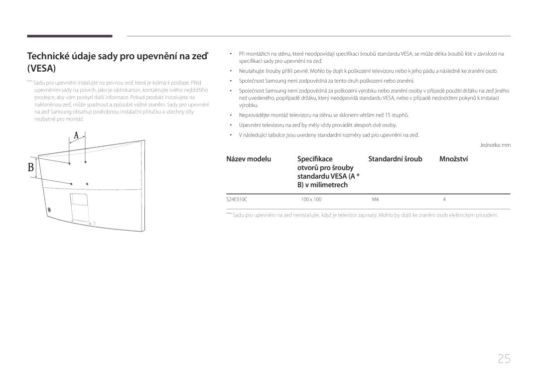 Samsung LS24E510CS/EN manual Technické údaje sady pro upevnění na zeď Vesa, Milimetrech 