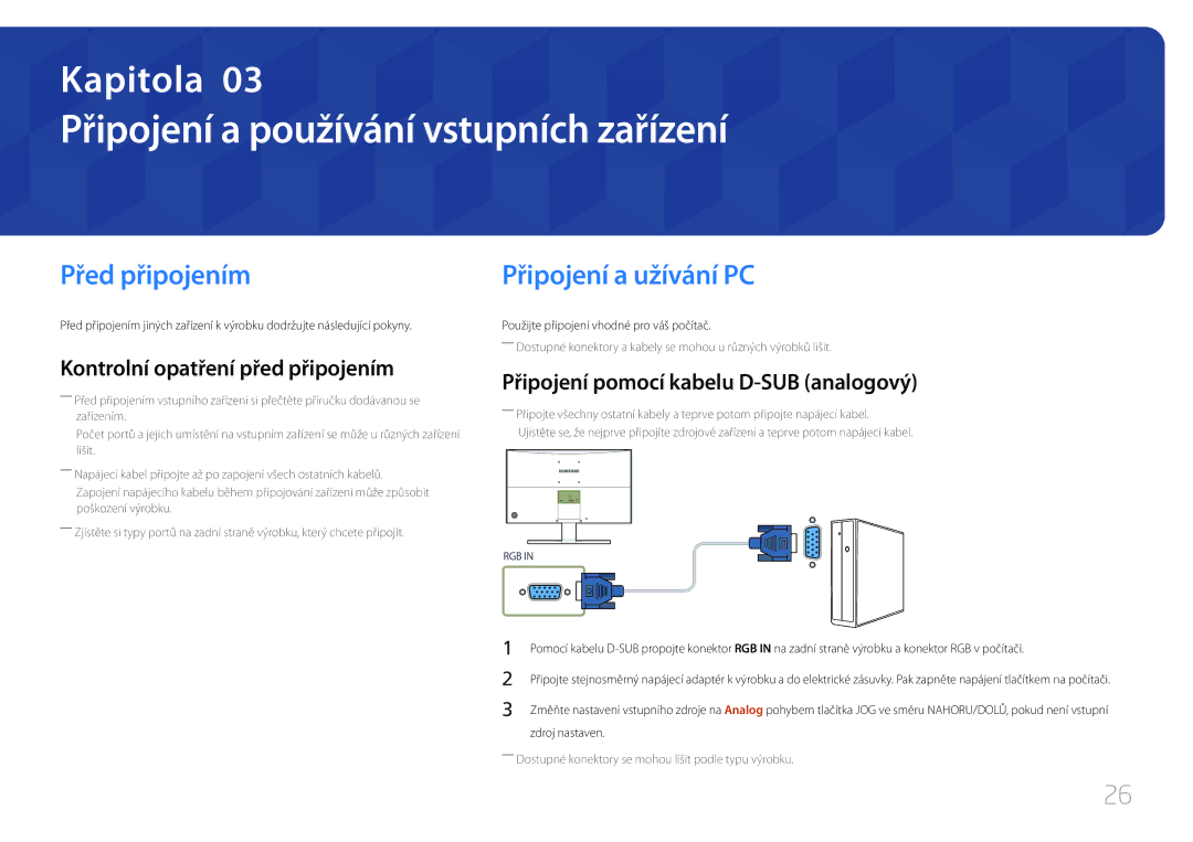 Samsung LS24E510CS/EN manual Připojení a používání vstupních zařízení, Před připojením, Připojení a užívání PC 