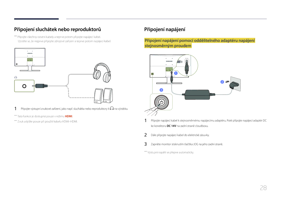 Samsung LS24E510CS/EN manual Připojení sluchátek nebo reproduktorů, Připojení napájení 