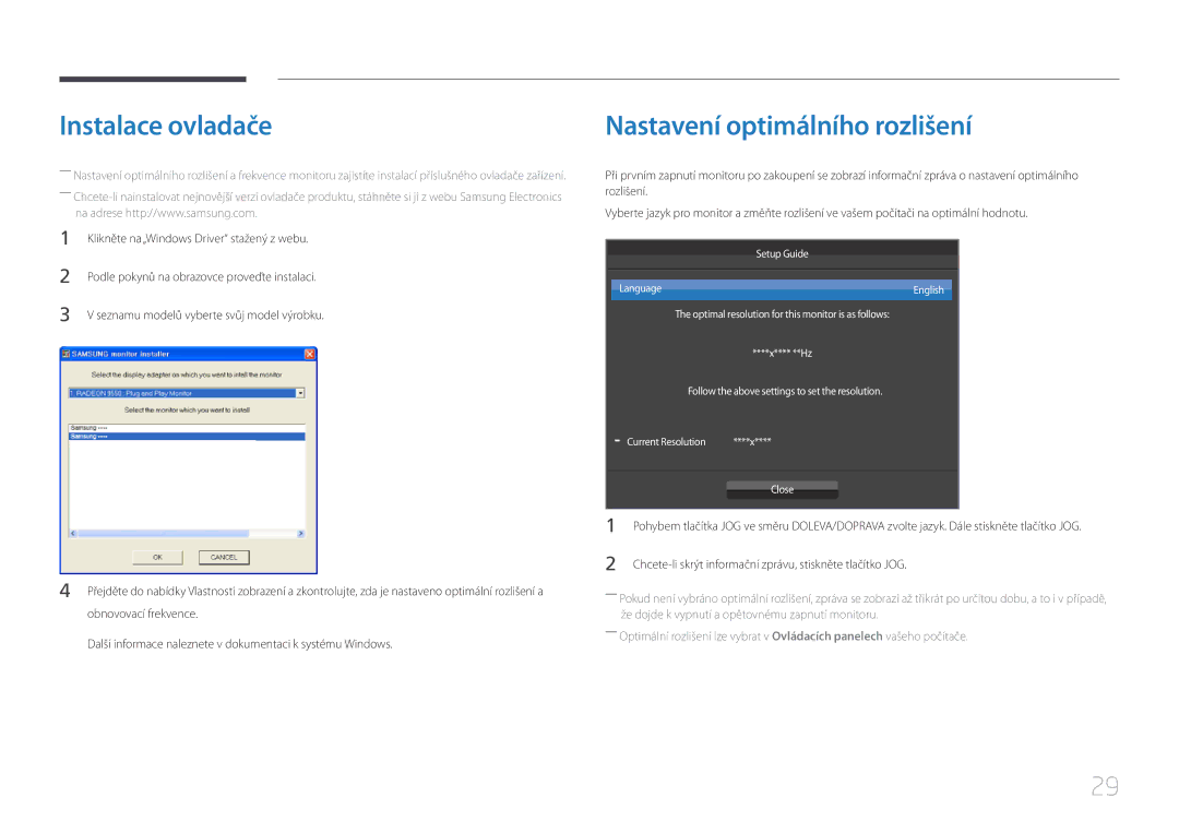 Samsung LS24E510CS/EN manual Instalace ovladače, Nastavení optimálního rozlišení 