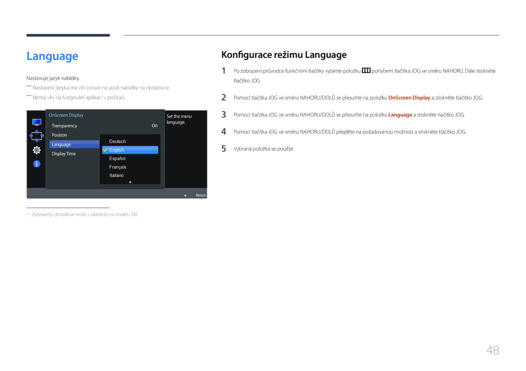 Samsung LS24E510CS/EN manual Konfigurace režimu Language, Nastavuje jazyk nabídky 