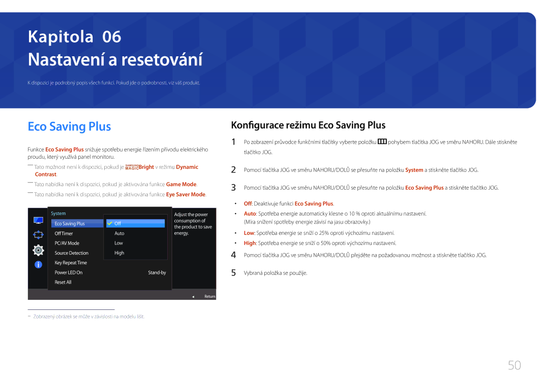 Samsung LS24E510CS/EN manual Konfigurace režimu Eco Saving Plus, Off Deaktivuje funkci Eco Saving Plus 