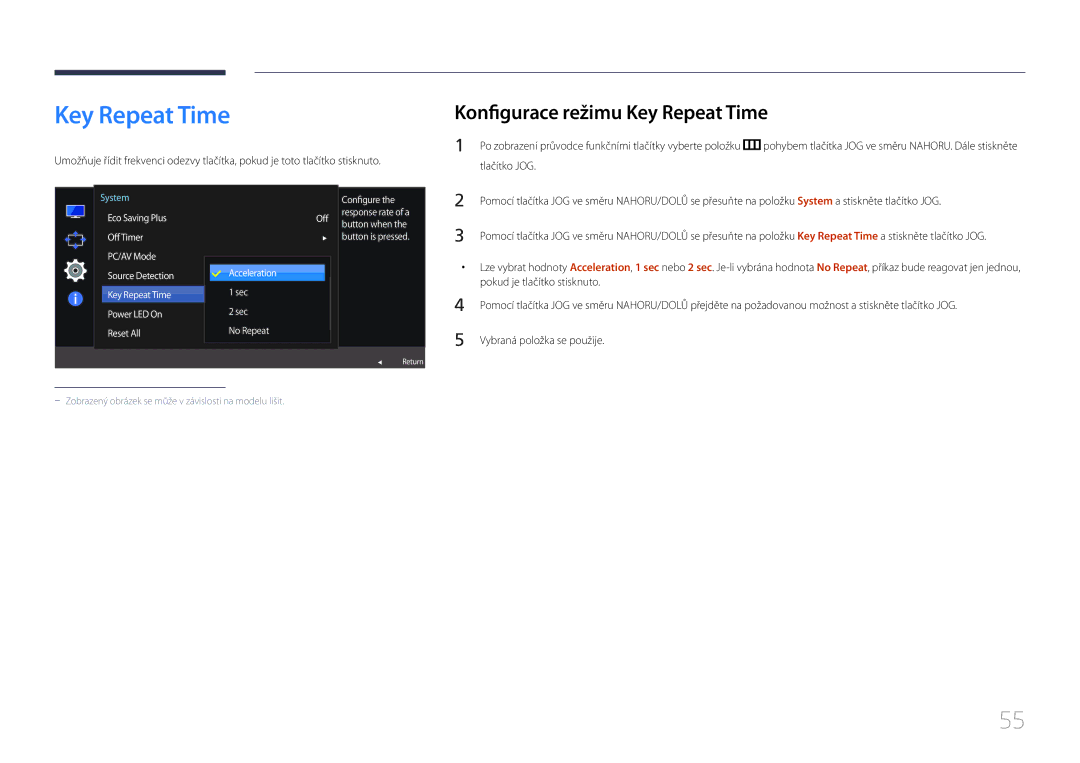 Samsung LS24E510CS/EN manual Konfigurace režimu Key Repeat Time, Pokud je tlačítko stisknuto 