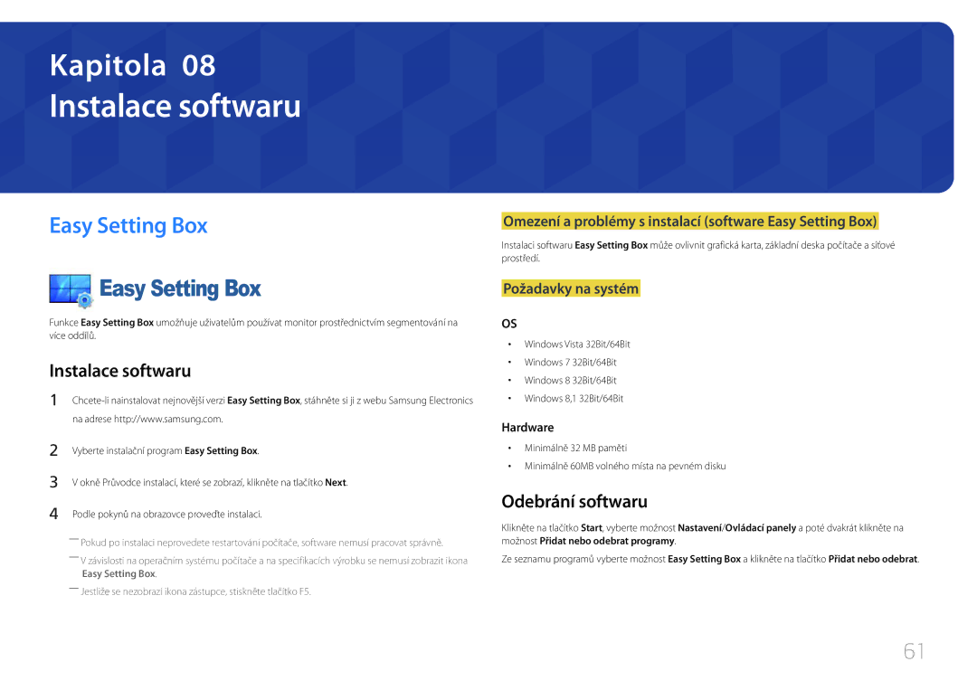 Samsung LS24E510CS/EN manual Instalace softwaru, Easy Setting Box, Odebrání softwaru 