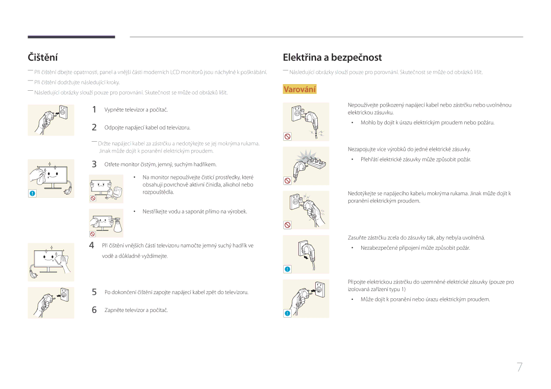 Samsung LS24E510CS/EN manual Čištění, Elektřina a bezpečnost, Vypněte televizor a počítač 