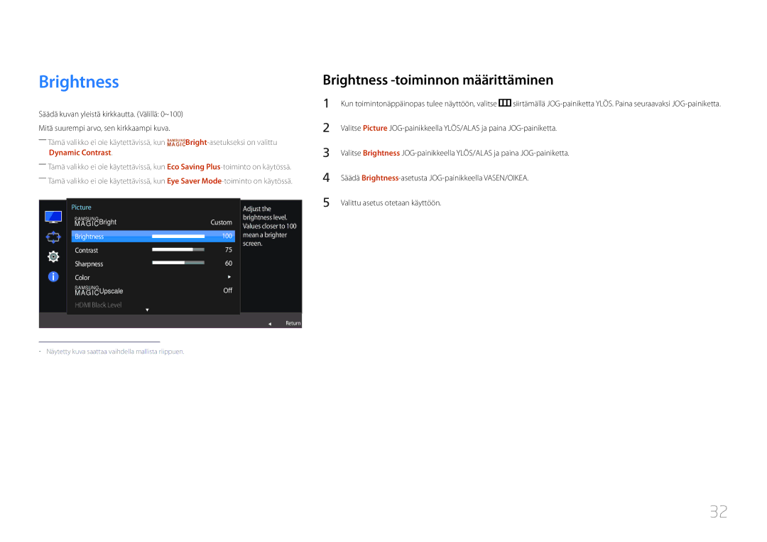 Samsung LS24E510CS/EN Brightness -toiminnon määrittäminen, Säädä Brightness-asetusta JOG-painikkeella VASEN/OIKEA 