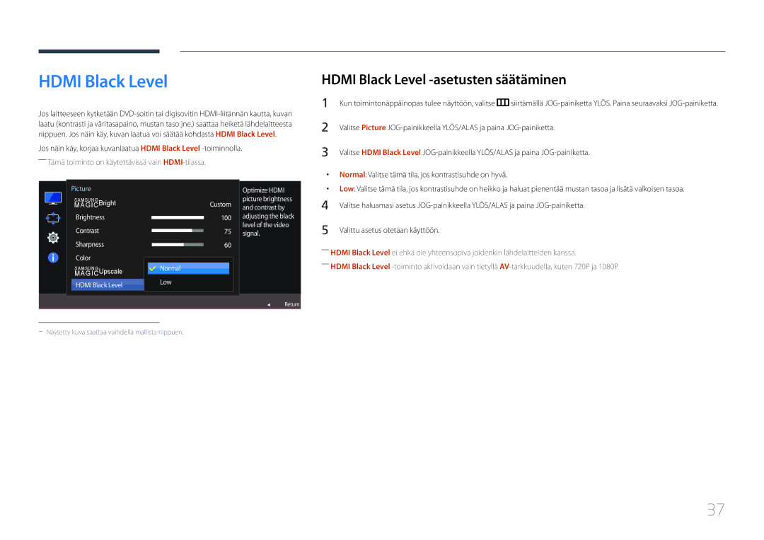 Samsung LS24E510CS/EN Hdmi Black Level -asetusten säätäminen, Normal Valitse tämä tila, jos kontrastisuhde on hyvä 