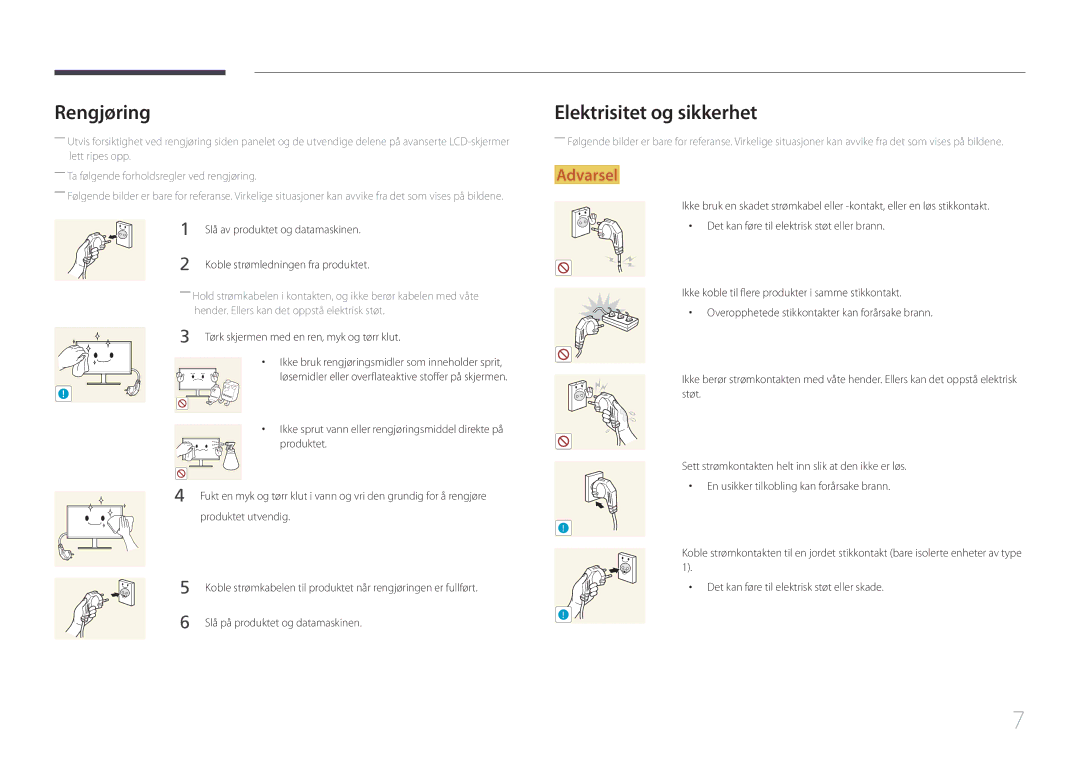 Samsung LS24E510CS/EN manual Rengjøring, Elektrisitet og sikkerhet 