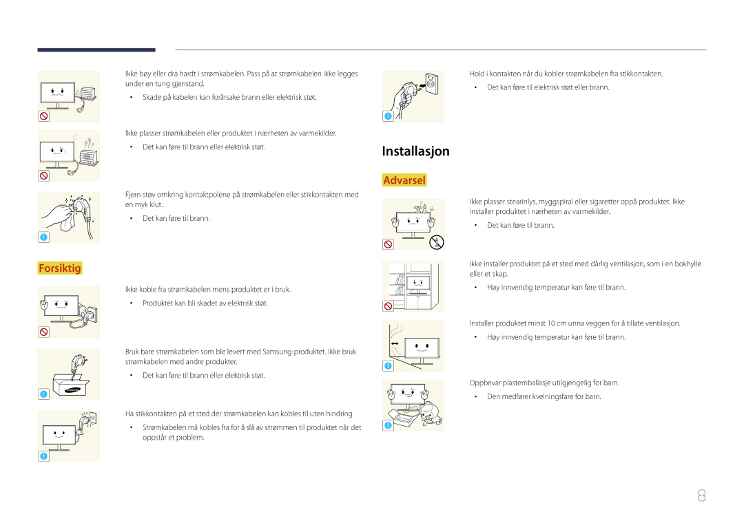 Samsung LS24E510CS/EN manual Installasjon, Det kan føre til brann eller elektrisk støt 