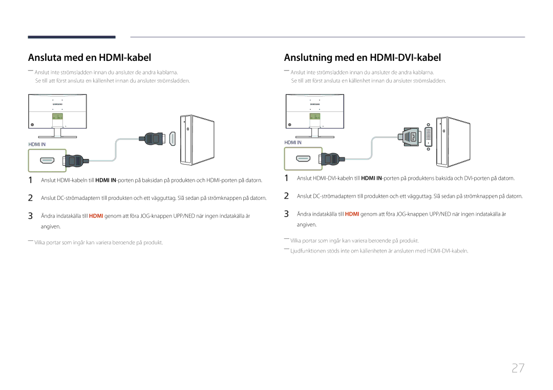 Samsung LS24E510CS/EN manual Ansluta med en HDMI-kabel, Anslutning med en HDMI-DVI-kabel, Angiven 