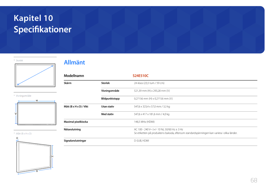 Samsung LS24E510CS/EN manual Specifikationer, Allmänt 