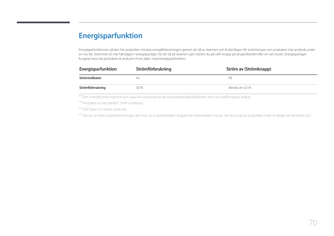 Samsung LS24E510CS/EN manual Energisparfunktion Strömförbrukning Ström av Strömknapp, Strömindikator Strömförbrukning 