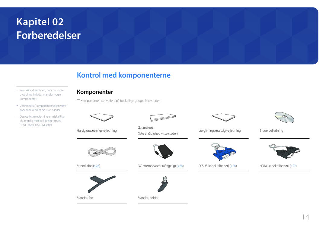 Samsung LS24E510CS/EN manual Forberedelser, Kontrol med komponenterne, Komponenter 