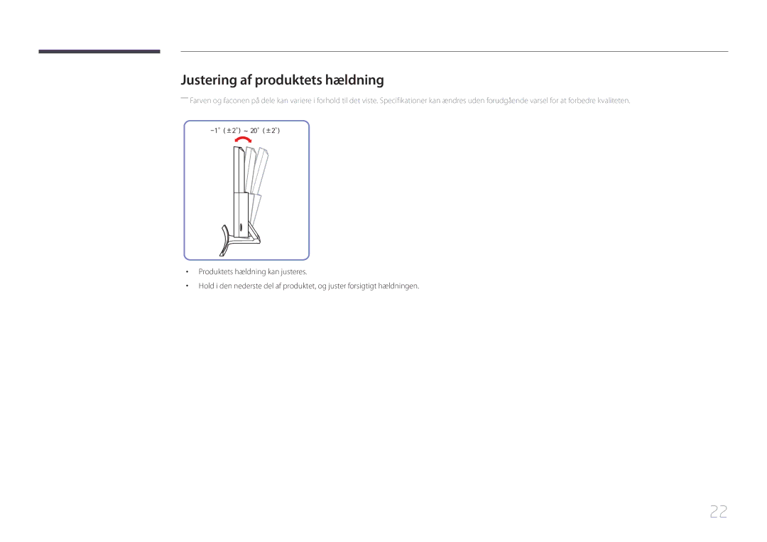 Samsung LS24E510CS/EN manual Justering af produktets hældning 