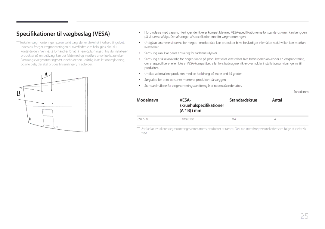 Samsung LS24E510CS/EN manual Specifikationer til vægbeslag Vesa, Modelnavn, Standardskrue Antal, I mm 