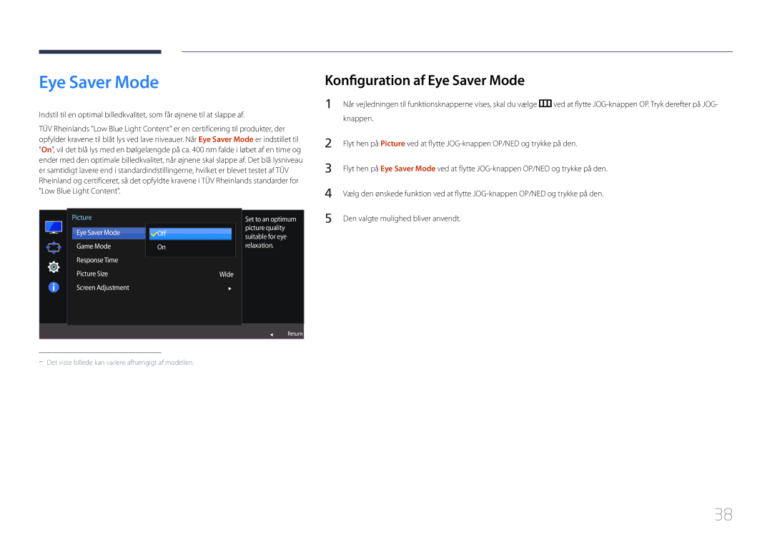 Samsung LS24E510CS/EN manual Konfiguration af Eye Saver Mode 