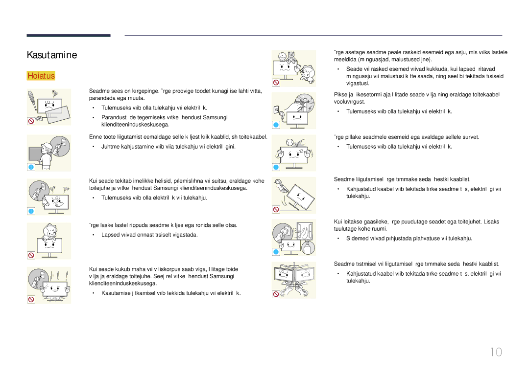Samsung LS24E510CS/EN manual Kasutamine, Kasutamise jätkamisel võib tekkida tulekahju või elektrilöök 