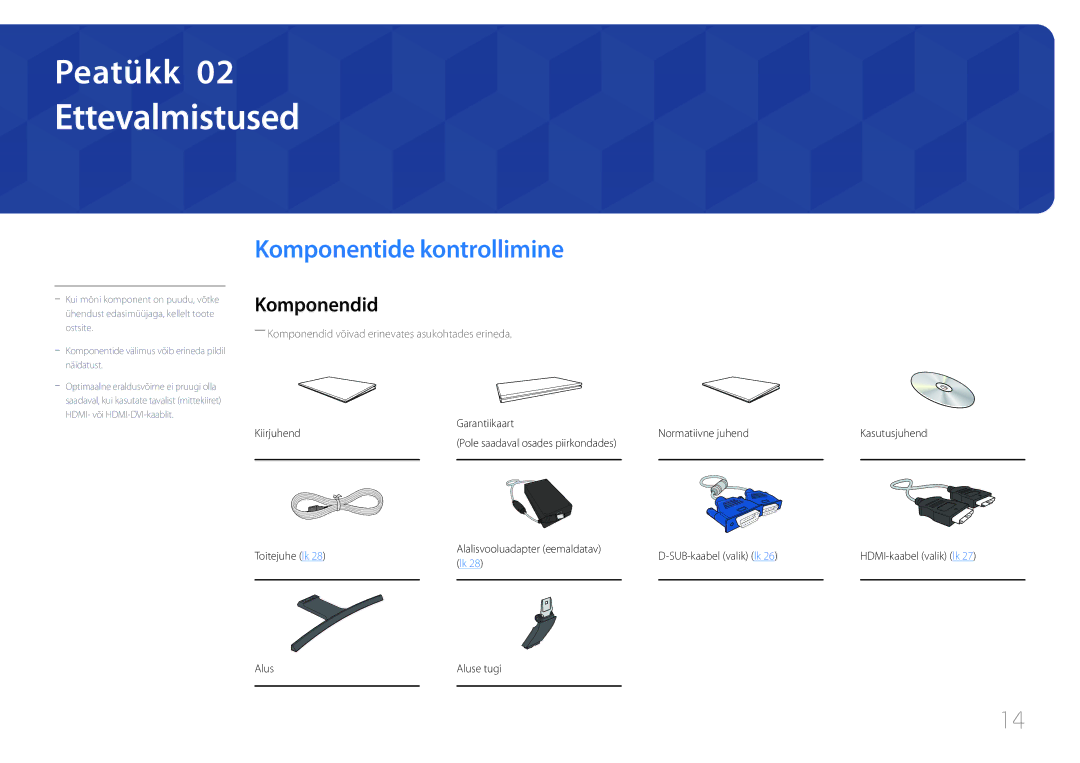 Samsung LS24E510CS/EN manual Ettevalmistused, Komponentide kontrollimine, Komponendid 