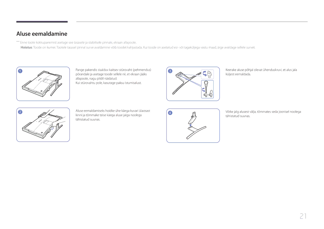 Samsung LS24E510CS/EN manual Aluse eemaldamine, Küljest eemaldada, Kinni ja tõmmake teise käega aluse jalga noolega 