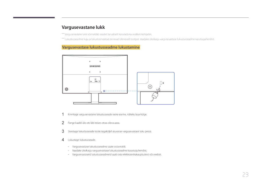 Samsung LS24E510CS/EN manual Vargusevastane lukk, Vargusevastase lukustusseadme lukustamine 
