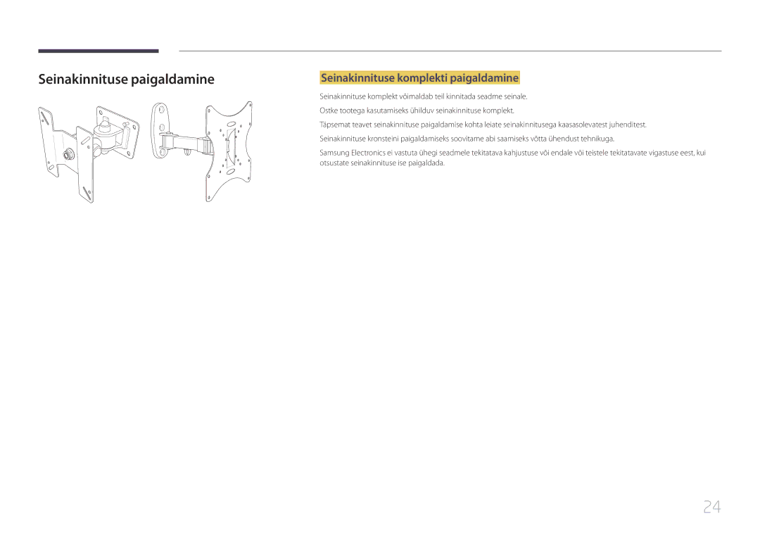 Samsung LS24E510CS/EN manual Seinakinnituse paigaldamine, Seinakinnituse komplekti paigaldamine 