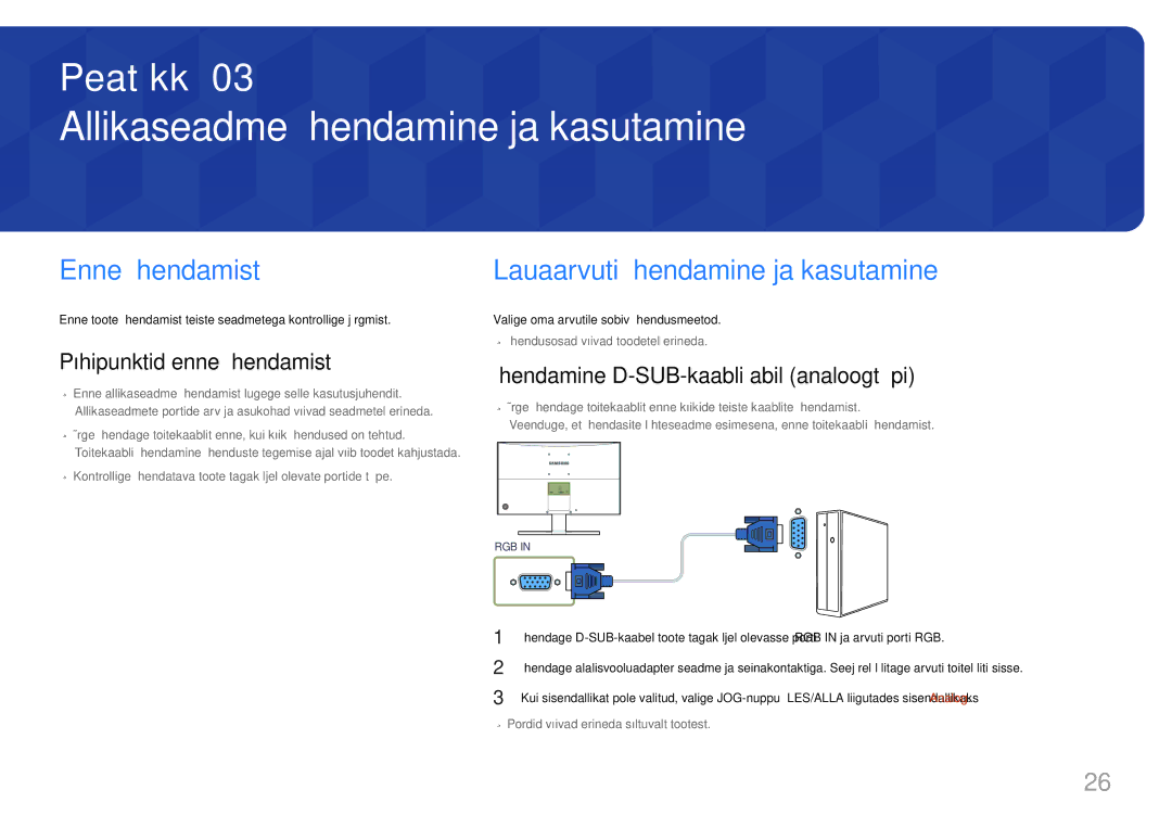 Samsung LS24E510CS/EN manual Allikaseadme ühendamine ja kasutamine, Enne ühendamist, Lauaarvuti ühendamine ja kasutamine 