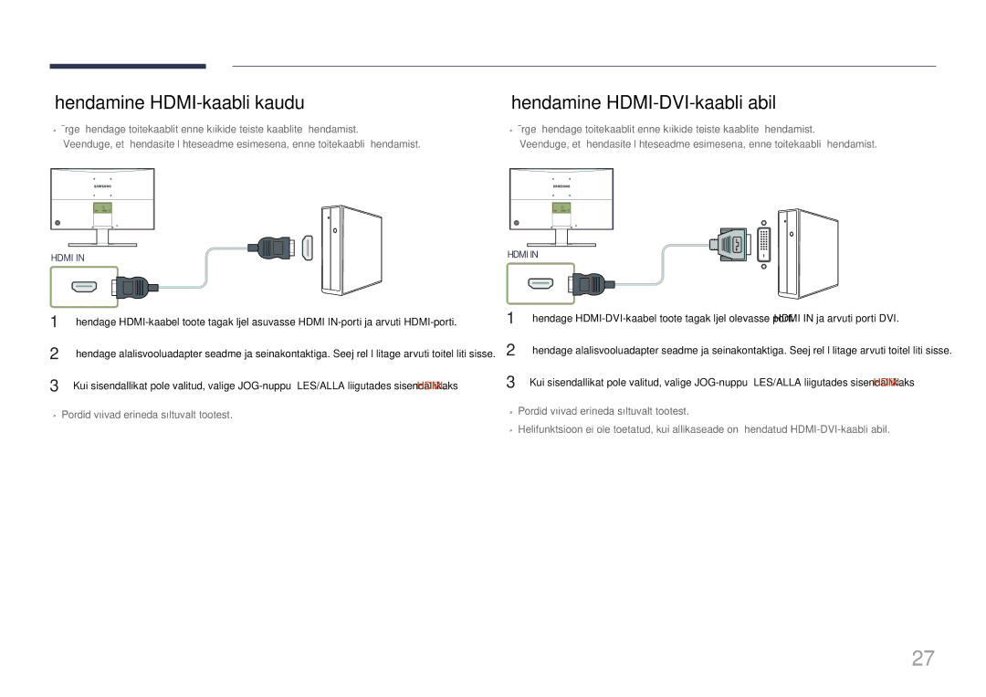 Samsung LS24E510CS/EN manual Ühendamine HDMI-kaabli kaudu, Ühendamine HDMI-DVI-kaabli abil 