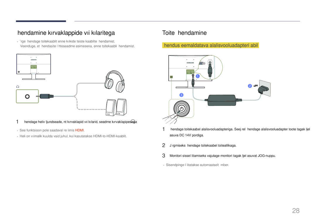 Samsung LS24E510CS/EN manual Ühendamine kõrvaklappide või kõlaritega, Toite ühendamine, Asuva DC 14V pordiga 