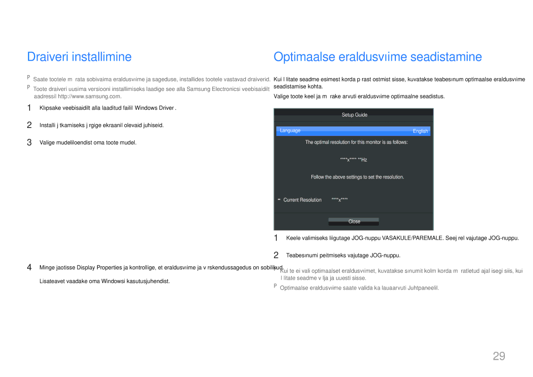 Samsung LS24E510CS/EN Draiveri installimine, Optimaalse eraldusvõime seadistamine, Valige mudeliloendist oma toote mudel 