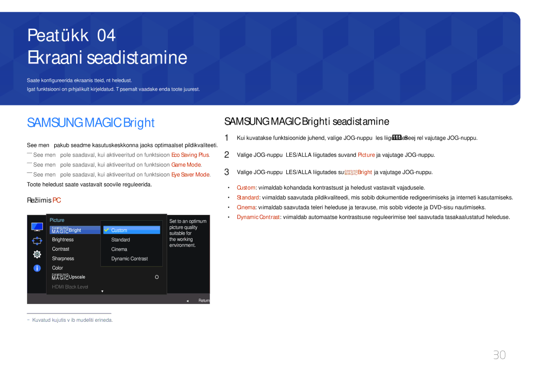 Samsung LS24E510CS/EN manual Ekraani seadistamine, Samsung Magic Brighti seadistamine, Bright ja vajutage JOG-nuppu 