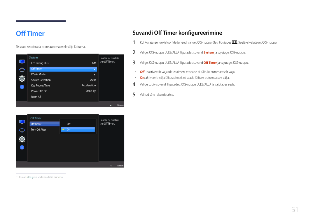 Samsung LS24E510CS/EN manual Suvandi Off Timer konfigureerimine, Te saate seadistada toote automaatselt välja lülituma 
