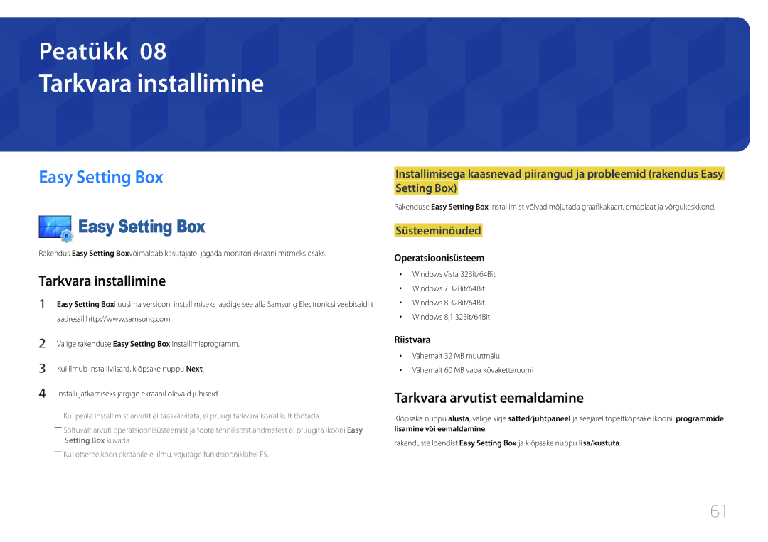 Samsung LS24E510CS/EN manual Tarkvara installimine, Easy Setting Box, Tarkvara arvutist eemaldamine 